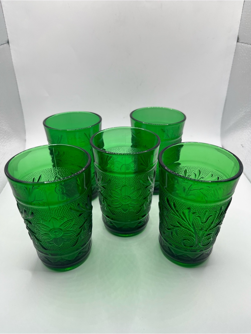 Green Embossed Glass Tumbler Set - 5 Pack. Juice glasses.